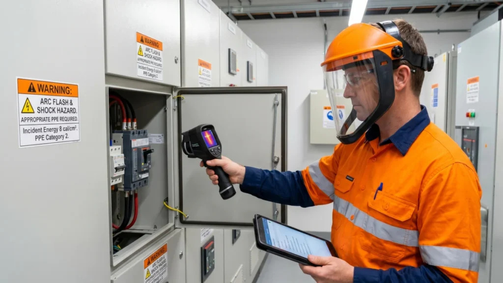 Electrician in arc-rated PPE performing a thermal scan at an open electrical switchboard