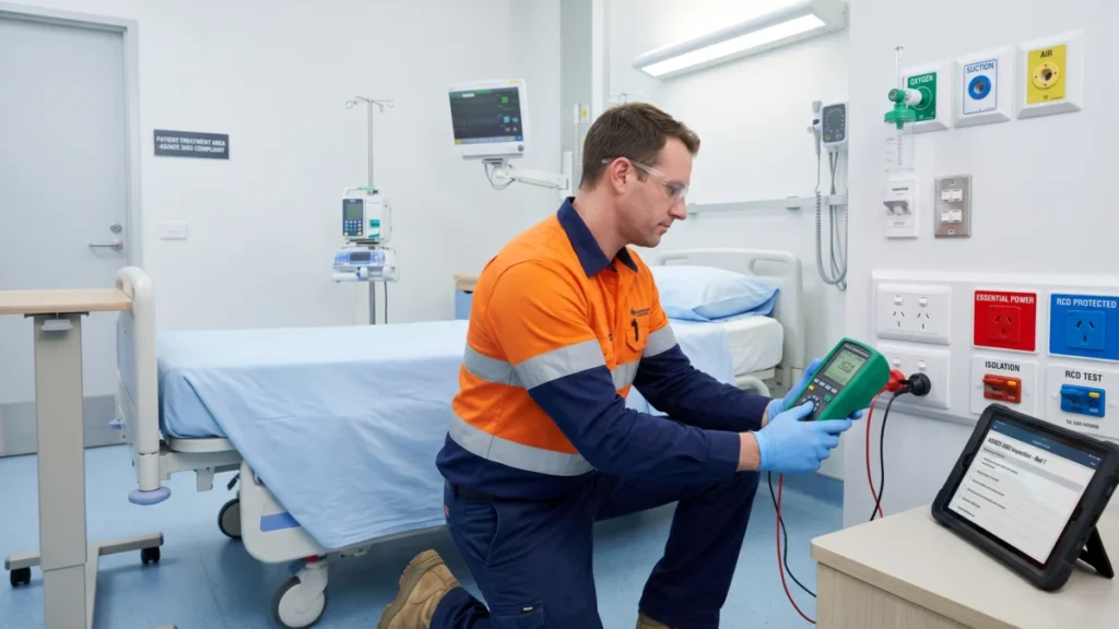 Electrician testing a body-protected patient-area power outlet panel in an Australian hospital bay