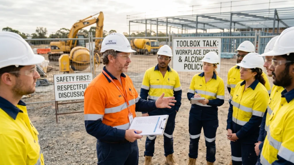 Site supervisor leading a workplace drugs and alcohol policy toolbox talk with construction workers in hi-vis