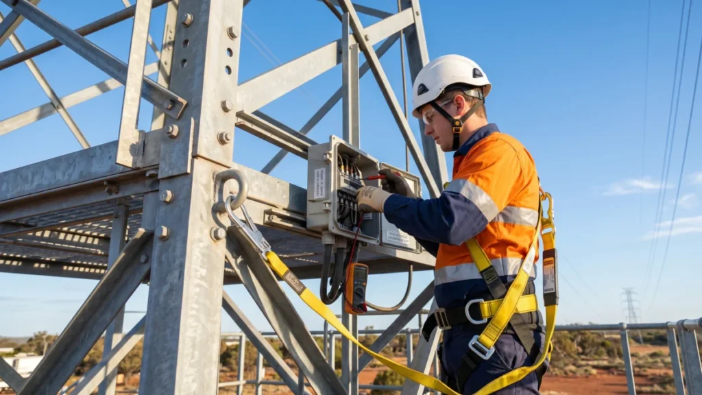 Worker at height in a full-body fall-arrest harness working on a steel transmission tower