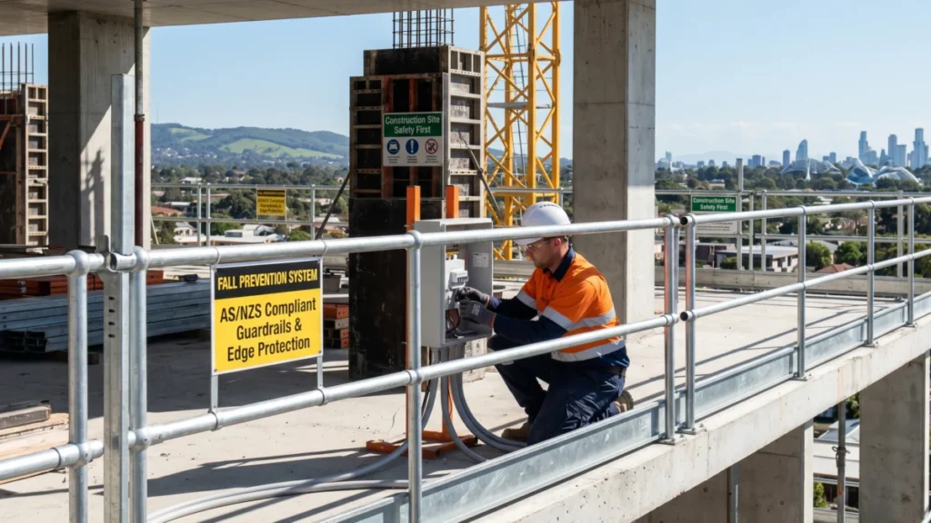 AS/NZS compliant edge-protection guardrails on a multi-storey construction site