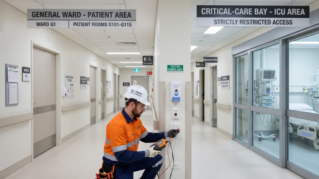 Hospital corridor signage showing general ward and critical-care ICU patient areas