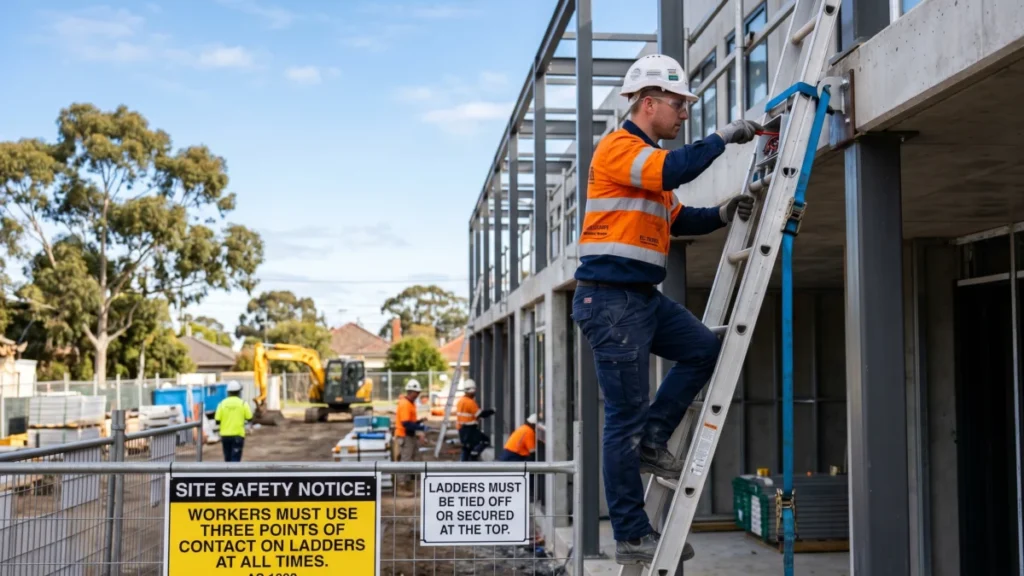 Worker using an extension ladder secured at the top with three points of contact