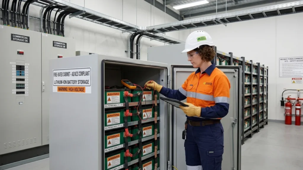 Worker inspecting lithium-ion battery packs in a fire-rated AS/NZS compliant storage cabinet