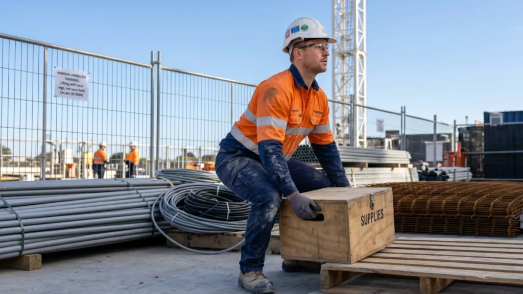 Worker demonstrating correct manual handling lifting technique on a construction site