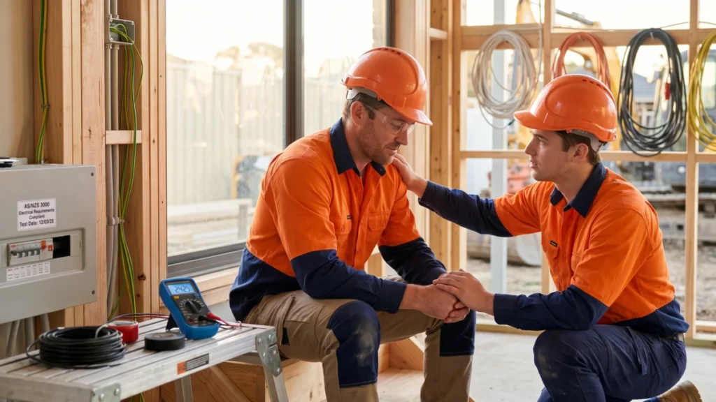 Construction worker offering support to a colleague on site