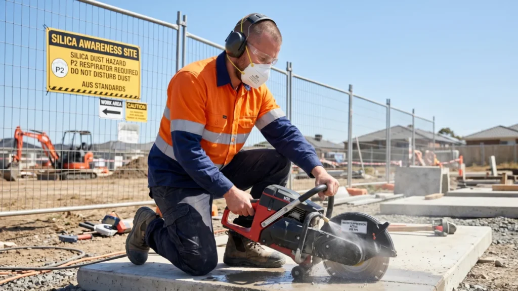 Worker wet-cutting concrete with water dust suppression wearing a P2 respirator