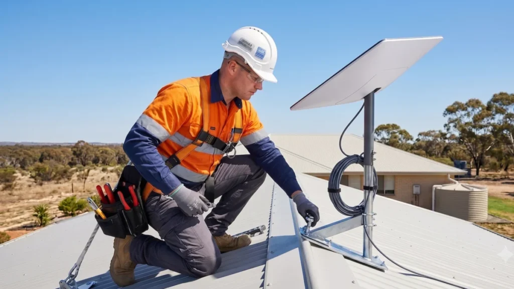 Technician installing a Starlink satellite dish on a rural Australian rooftop
