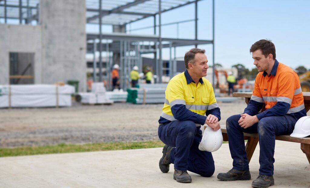 Supervisor kneeling to talk with a young worker on a construction site